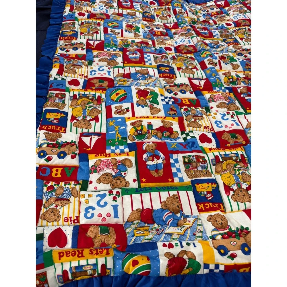 Handmade Cranston VIP Baby Quilt Teddy Bear ABC 123 Ruffled Trim‎ 45x50